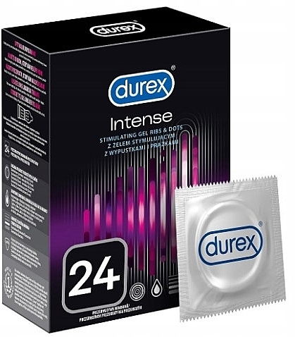 Ribbed Latex Condoms with Stimulating Silicone Lubricant, 24 pcs - Durex Intense Orgasmic — photo N2