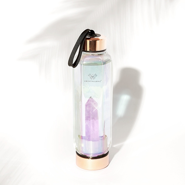 Glass Holographic Water Bottle with Amethyst, 650 ml - Crystallove Hexagon Hologram Amethyst Bottle — photo N5