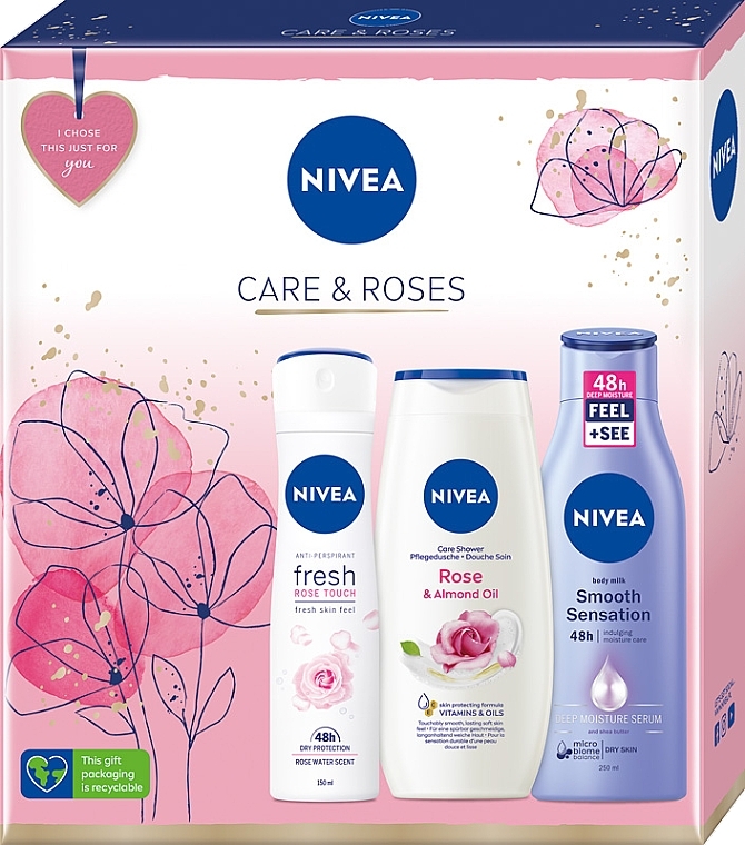 Set - Nivea Care & Roses (deo/spray/150ml + sh/gel/250ml + b/milk/250ml)  — photo N1
