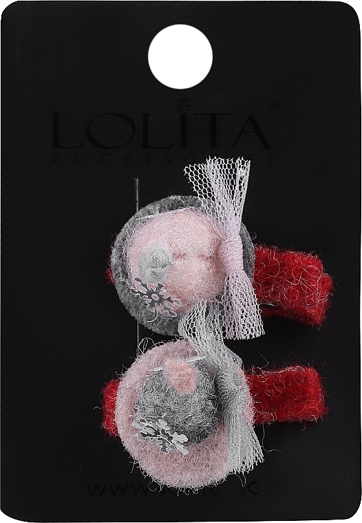 Hair Clip Set 'Santa Claus Sleigh', red with pink-grey hats - Lolita Accessories — photo N1
