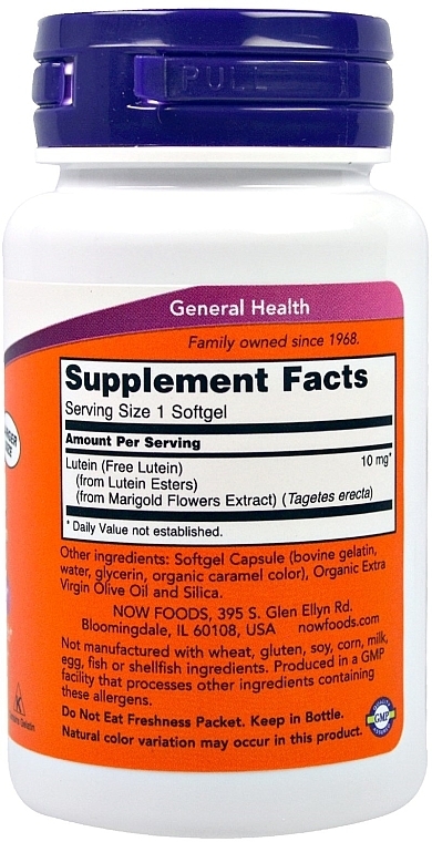 Dietary Supplement "Lutein", 10mg - Now Foods Lutein Softgels — photo N3