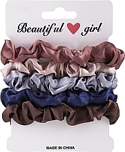 Satin Hair Tie Set, 5 pcs, dark pink+light pink+blue+blue+brown - Yeye — photo N1