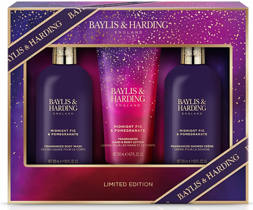 Set - Baylis & Harding Midnight Fig & Pomegranate Luxury Bathing Essentials Gift Set (sh/gel/300 ml + sh/cr/300 ml + h/b/lot/200 ml) — photo N2