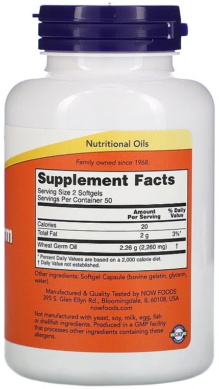 Wheat Germ Oil, 1130 mg, capsules - Now Foods Wheat Germ Oil 1130mg Softgel — photo N2