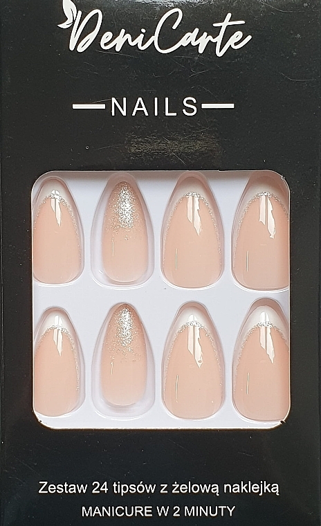 French False Nails with Silver Glitter, 24 pcs. - Deni Carte Tipsy White French Silver Glitter 9157 — photo N1