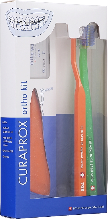 Set, option 28 (green, orange) - Curaprox Ortho Kit (brush/1pcs + brushes 07,14,18/3pcs + UHS/1pcs + orthod/wax/1pcs + box) — photo N1