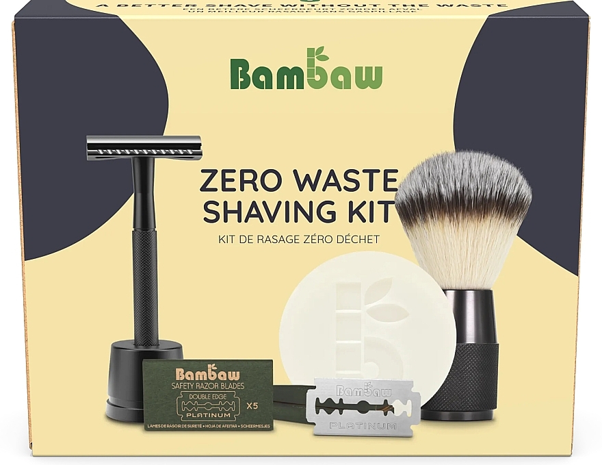 Set - Bambaw Zero Waste Shaving Kit Black (razor + sh/soap/80g + sh/brush/1pcs + blades/5pcs) — photo N1