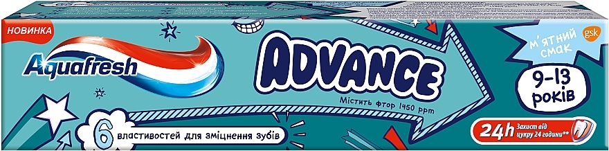 Toothpaste "Edvance", (9-13 y.o) - Aquafresh Advance Mint Boost — photo N1