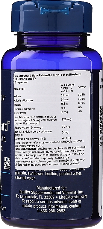 Dietary Supplement "Healthy Prostate Function" - Life Extension PalmettoGuard Saw Palmetto with Beta-Sitosterol — photo N2