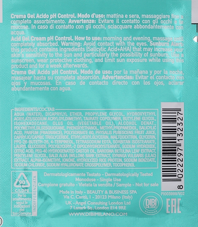 GIFT! pH Control Acid Cream Gel - DIBI Milano Pure Equalizer Acid Gel Cream pH Control (sample) — photo N2