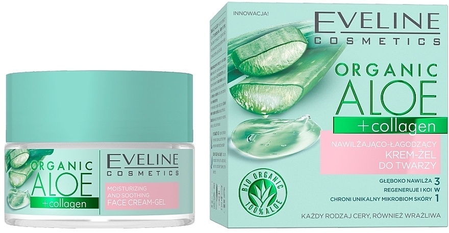 Moisturizing Soothing Face Cream-Gel for Normal & Sensitive Skin - Eveline Cosmetics Organic Aloe + Collagen — photo N1