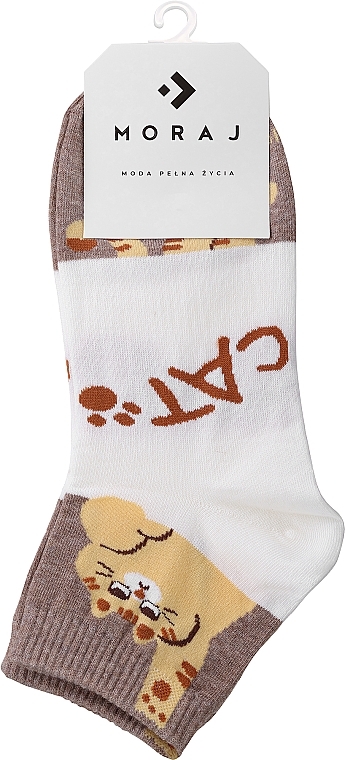 Women Short Cotton Socks, size 3/4, kitten pattern, beige - Moraj — photo N1