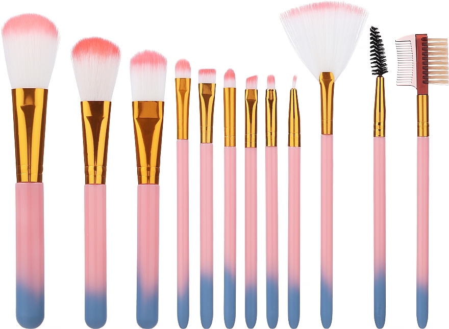 Makeup Brush Set in Tube, pink-dark blue, 12pcs - Deni Carte — photo N1