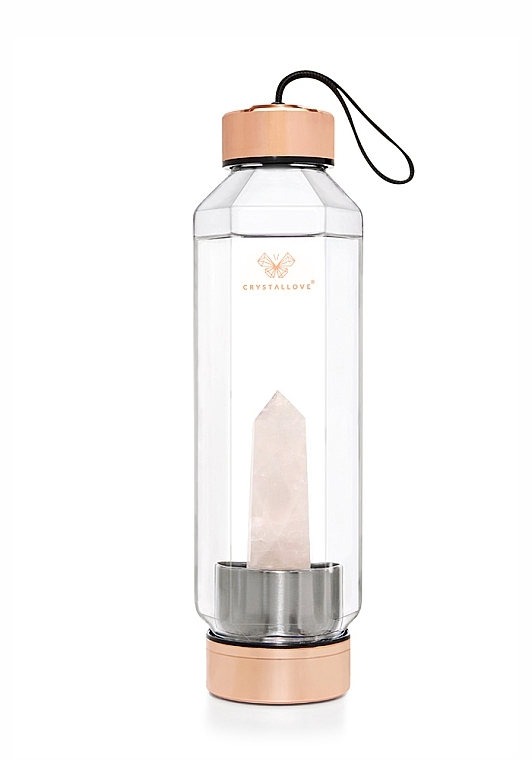 Glass Water Bottle with Rose Quartz, 650 ml - Crystallove Hexagon Pink Quartz Bottle — photo N1