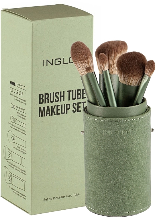 Makeup Brush Set, 6 pcs - Inglot Green Brush Tube MekeUp Set — photo N1