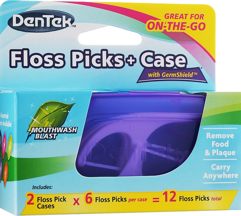 Floss Picks Set + 2 Travel Cases, purple + light blue - Dentek Moulthwash Blast — photo N1