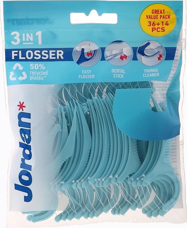 3-in-1 Dental Floss, 36+14 pcs, blue - Jordan 3-in-1 Flosser Dental Stick & Tongue Cleaner — photo N1