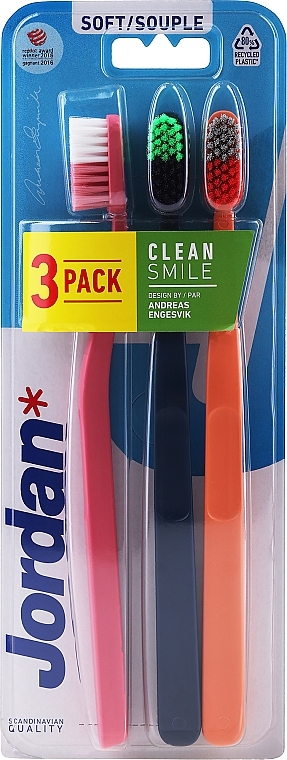 Soft Toothbrush, pink, orange, dark blue - Jordan Clean Smile Soft — photo N1