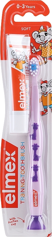 Kids Toothbrush Soft (0-3 years), lilac with giraffe - Elmex Learn Toothbrush Soft + Toothpaste 12ml — photo N1