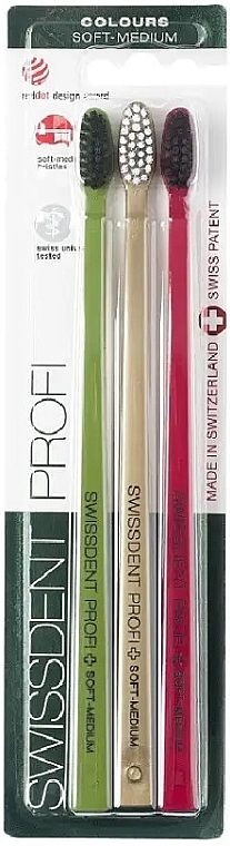 Medium-Soft Toothbrush Set, green+golden+fuchsia - Swissdent Profi Colours Soft Medium Trio — photo N1