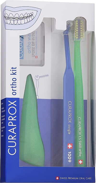 Set, variant 7 (light green, dark blue) - Curaprox Ortho Kit (brush/1pcs + brushes 07,14,18/3pcs + UHS/1pcs + orthod/wax/1pcs + box) — photo N1