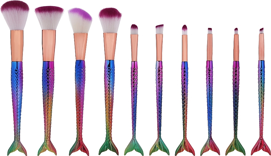 Makeup Brush Set, 10 pcs, pink - Lewer Mermaid Tail — photo N1