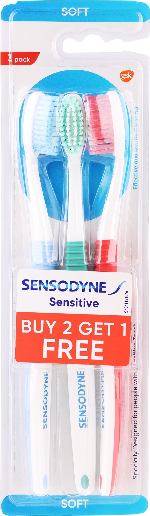 Toothbrush Set, 3 pcs, Blue + Green + Red - Sensodyne Sensitive Toothbrush 2+1 Pack — photo 3 ЊВ.