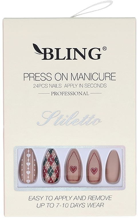 Stiletto False Nails, pink with print - Bling Press On Manicure — photo N1