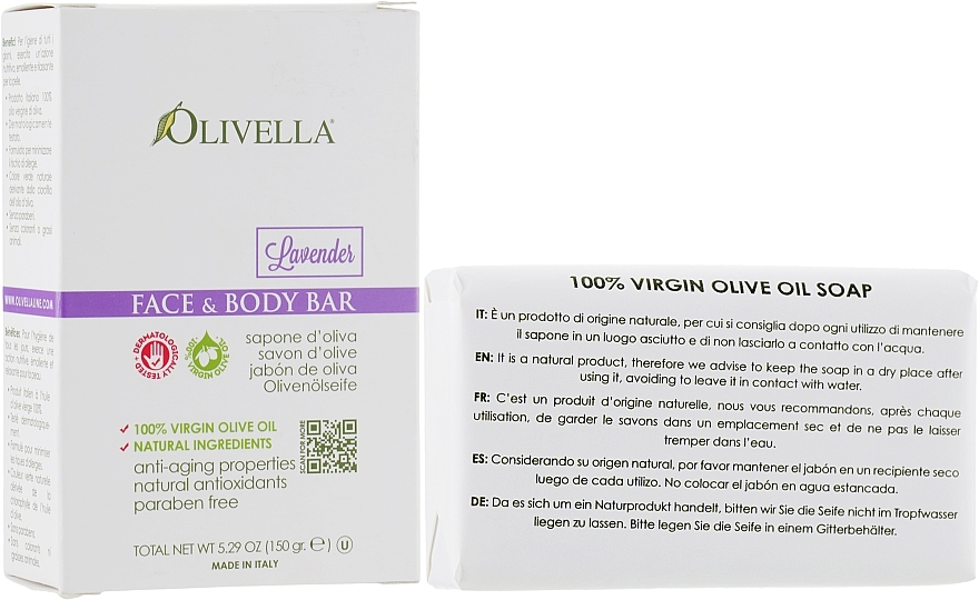 Olive Oil Face & Body Soap "Lavender" - Olivella Face And Body Bar Soap Lavender — photo N4