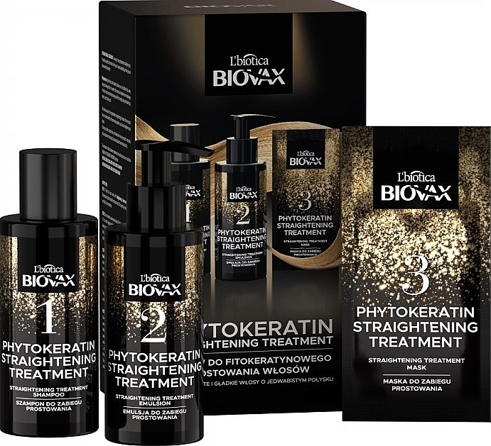 Hair Straightening Set - Biovax Phytokeratin (sham/100ml + h/emuls/100ml + h/mask/20ml) — photo N1