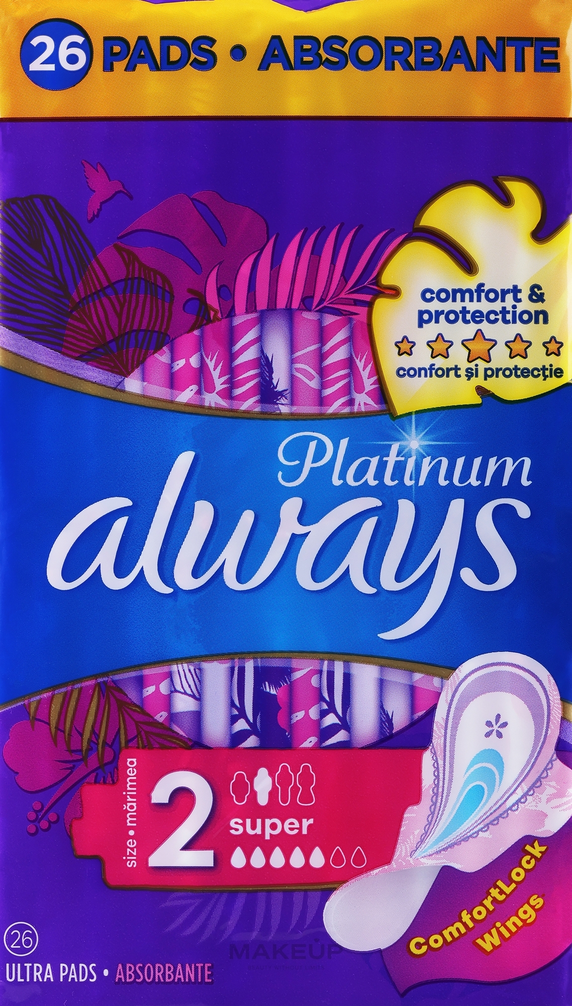 Sanitary Pads, size 2, 26 pcs - Always Platinum Protection +Extra Comfort Super — photo 26 pcs.