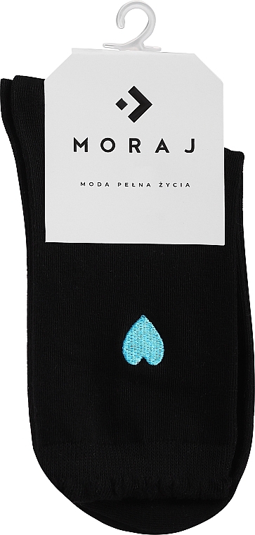 Women Long Socks, black with embroidery, blue heart - Moraj — photo N1