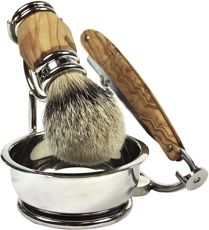 Shaving Set, 4 products - Golddachs Rasiermesserset Olivenholz Mit Seifenschale — photo N1