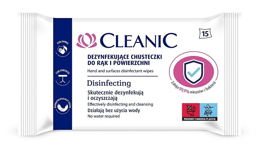 Disinfectant Wipes, 15 pcs - Cleanic Disinfecting Wipes — photo N1