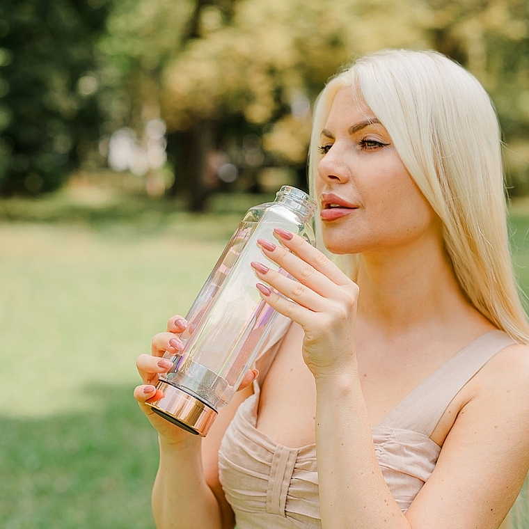 Glass Holographic Water Bottle with Rose Quartz, 650 ml - Crystallove Hexagon Hologram Pink Quartz Bottle — photo N3