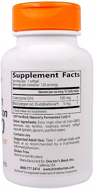 High Absorption Coenzyme Q10 - Doctor's Best High Absorption CoQ10 with BioPerine, 100 mg, 120 Softgels — photo N8