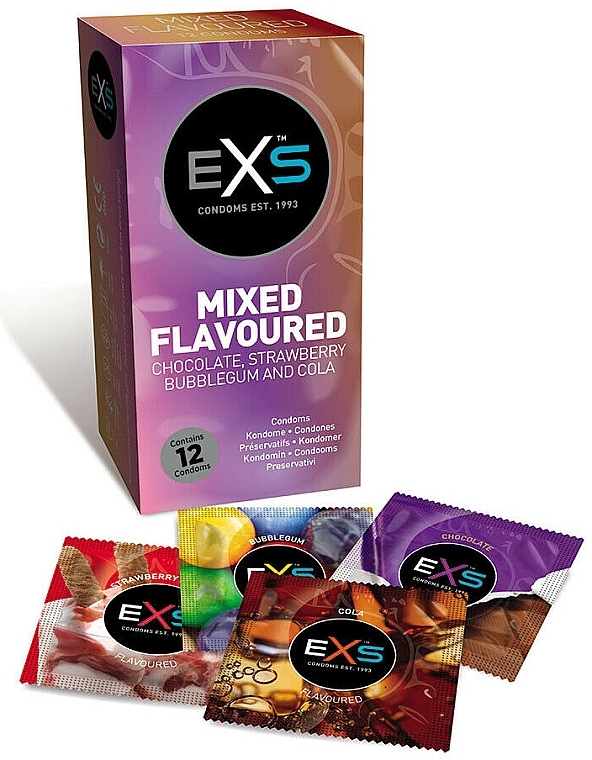 Flavoured Condoms, 12 pcs. - EXS Condoms Chocolate Bubble Gum Strawberry Cola Mixed Flavoured — photo N2