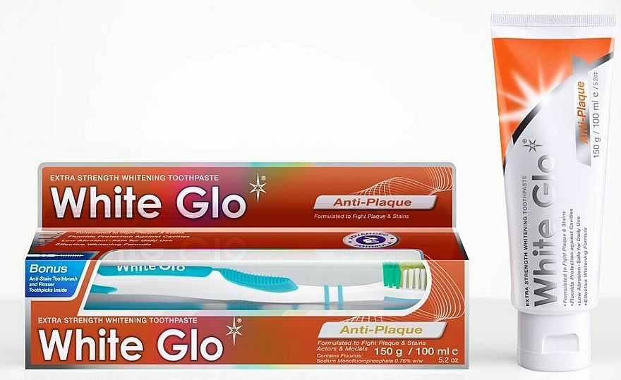 Set "Plaque" with White-Blue Brush - White Glo Anti-Plaque (t/paste/100ml + t/brush/1 + dental/flosser/1) — photo N5