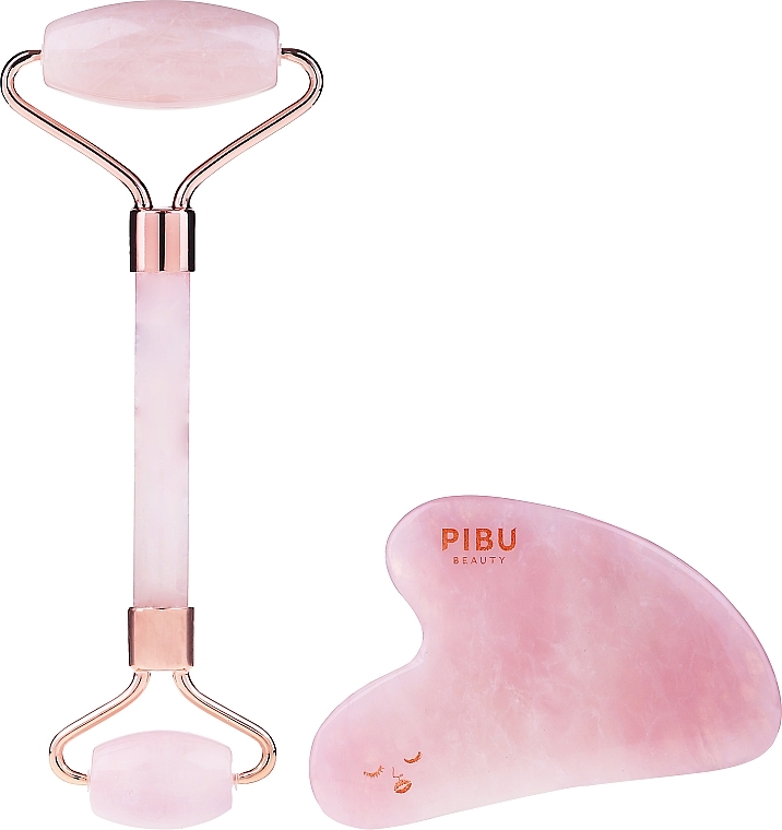 Set - Pibu Beauty Rose Quartz Facial Roller & Gua Sha Set (massager/2pcs) — photo N6