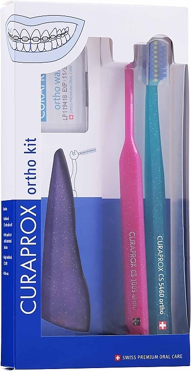 Set 15 (purple, raspberry, turquoise) - Curaprox Ortho Kit (brush/1pcs + brushes 07,14,18/3pcs + UHS/1pcs + orthod/wax/1pcs + box) — photo N1