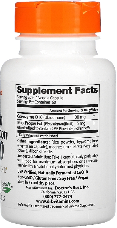 High Absorption Coenzyme Q10 with BioPerine, 100 mg, veg capsules - Doctor's Best — photo N2