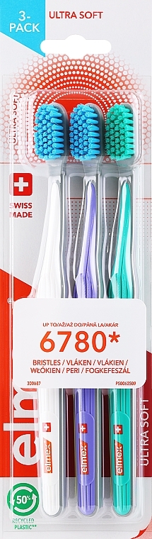 Ultra-Soft Toothbrushes, white + purple + turquoise - Elmex Swiss Made — photo N1