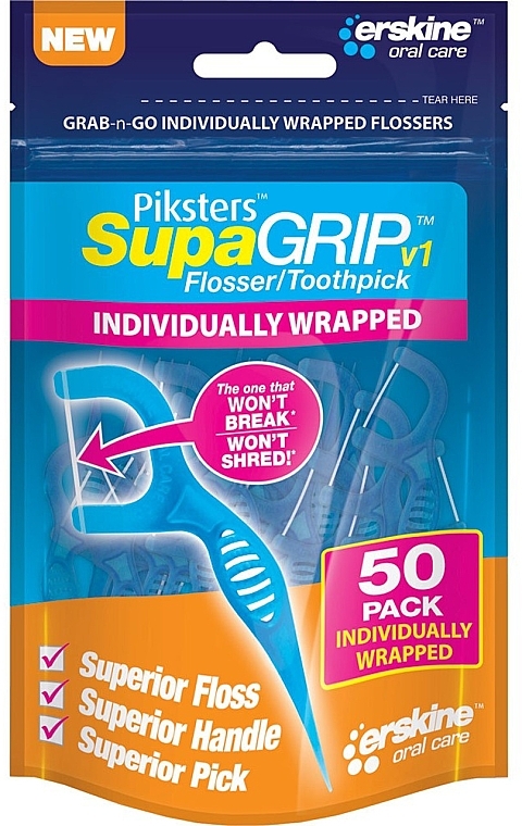 Dental Floss, 50 pieces - Piksters SupaGrip Advanced Flosser Toothpicks — photo N1