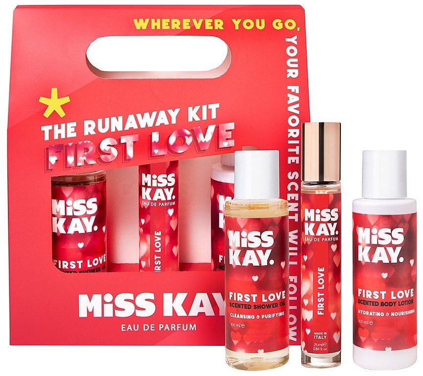 Set - Miss Kay First Love Kit (edp/25 ml + sh/oil/100 ml + b/lot/100 ml) — photo N1