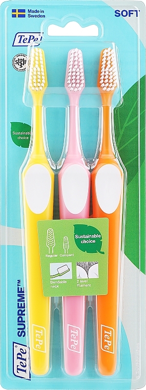 Toothbrush Set, orange + yellow + pink - Tepe Supreme Soft  — photo N1