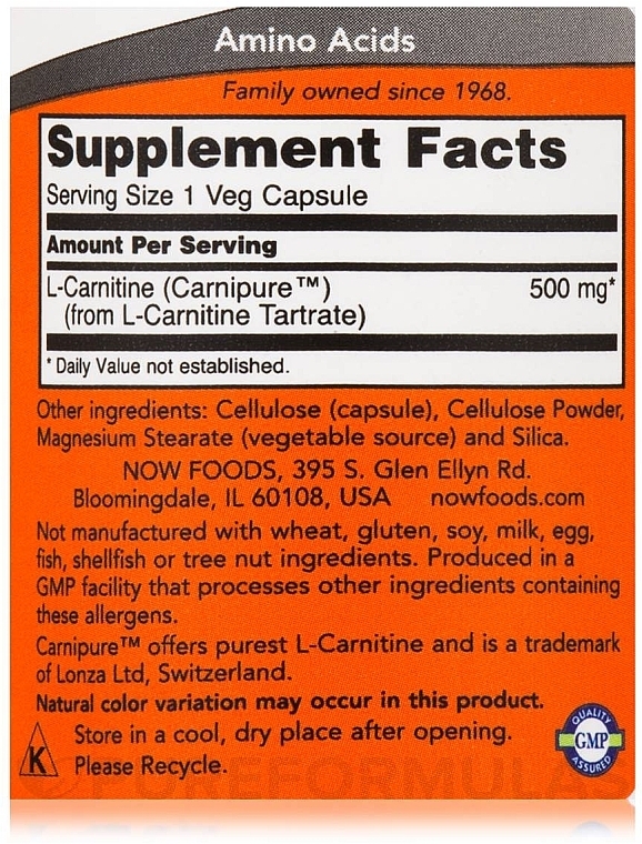 Capsules L-Carnitine, 500 mg. - Now Foods L-Carnitine — photo N3