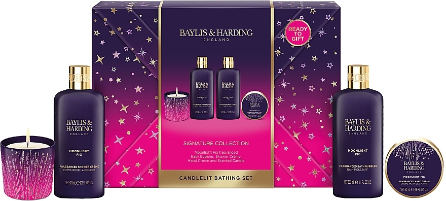 Set - Baylis & Harding Moonlight Fig Gift Wrapped Candlelit Bathing Gift Set (h/b/lot/50ml + sh/cr/300ml + bath/foam/300ml + candle/60g) — photo N1