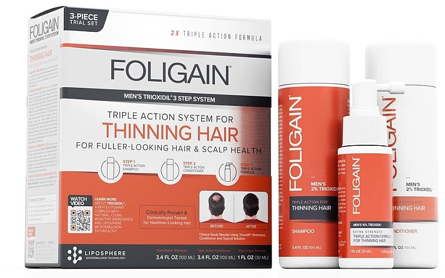 Set - Foligain Triple Action Hair Care System For Men (h/shm/100ml + h/cond/100ml + h/ser/30ml) — photo N1