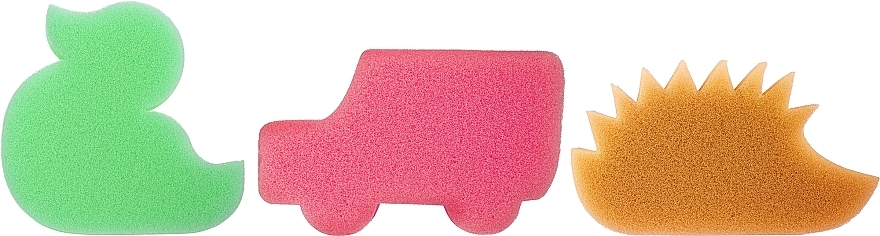 Kids Bath Sponge Set, 3 pcs, green duck + pink car + orange hedgehog - Ewimark — photo N1