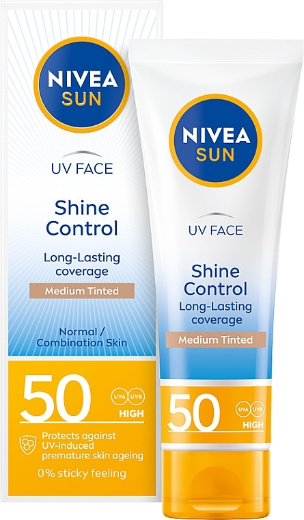 Mattifying Face Cream SPF50 - Nivea Sun UV Face Shine Control Mattifying Effect Medium Tinted Cream SPF50 — photo N1